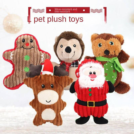 Christmas pet chew toy Pet plush voice toy set with reindeer, Santa, and animal designs for holiday fun.