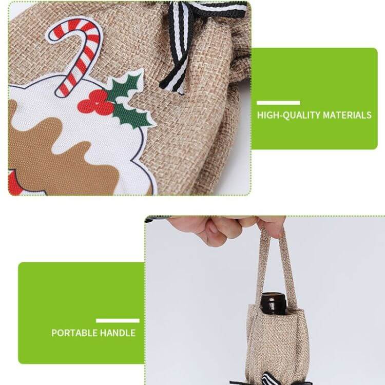 Christmas Decoration Supplies Champagne Red Wine Bag with cute cartoon Christmas elements and portable handle, perfect for gift-giving.