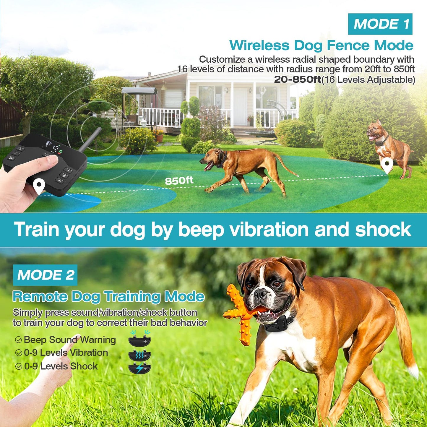 2 in 1 Wireless Electric Dog Fence with 850ft Range, Waterproof Shock Collar, Adjustable for 15-120LBS Dogs, Perfect for Training