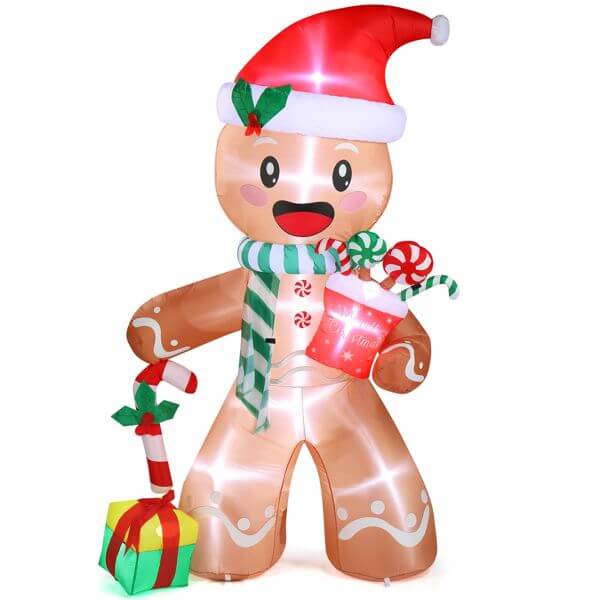 Christmas Inflatable Decoration - 7.9ft gingerbread man with LED lights holding candy and gift, perfect for festive outdoor decor