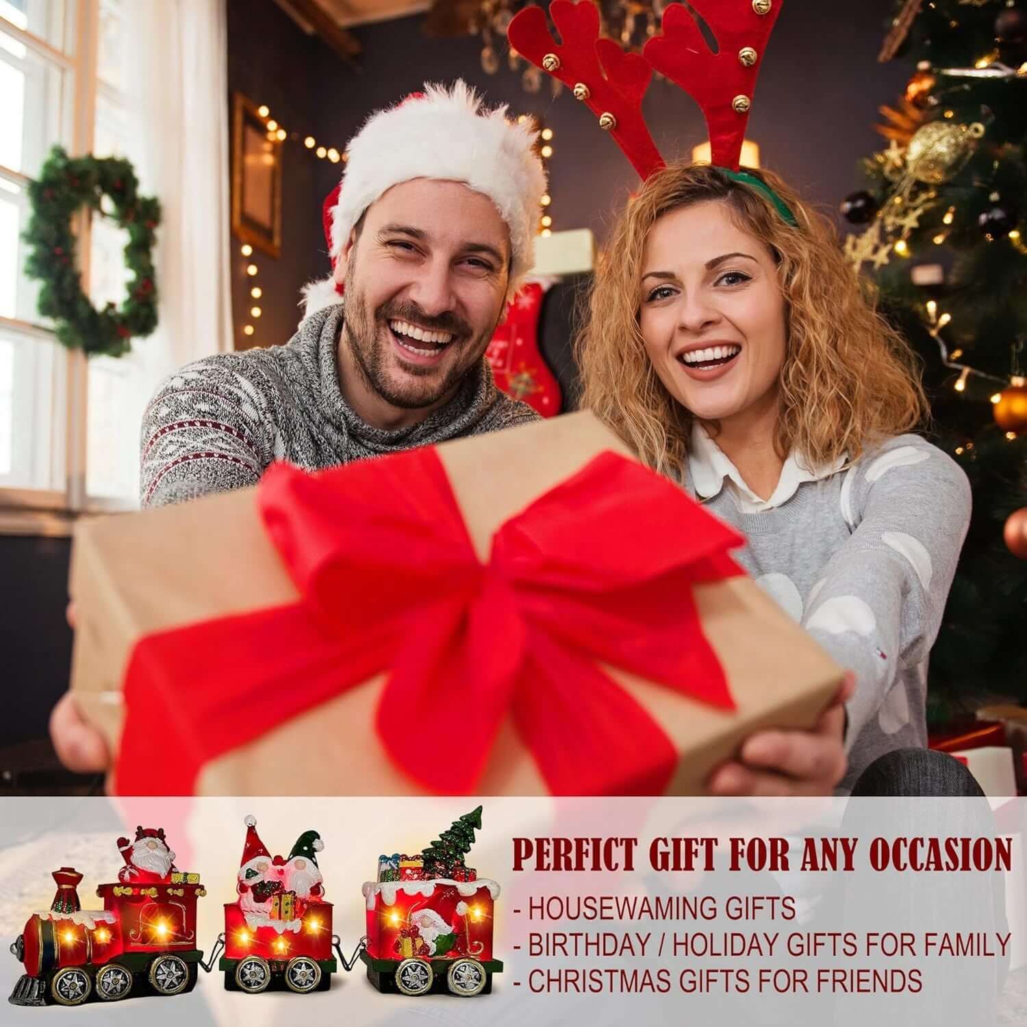 Smiling couple with Christmas Gnome Decorations Centerpieces light-up train set gift for the holidays, perfect for festive decor.