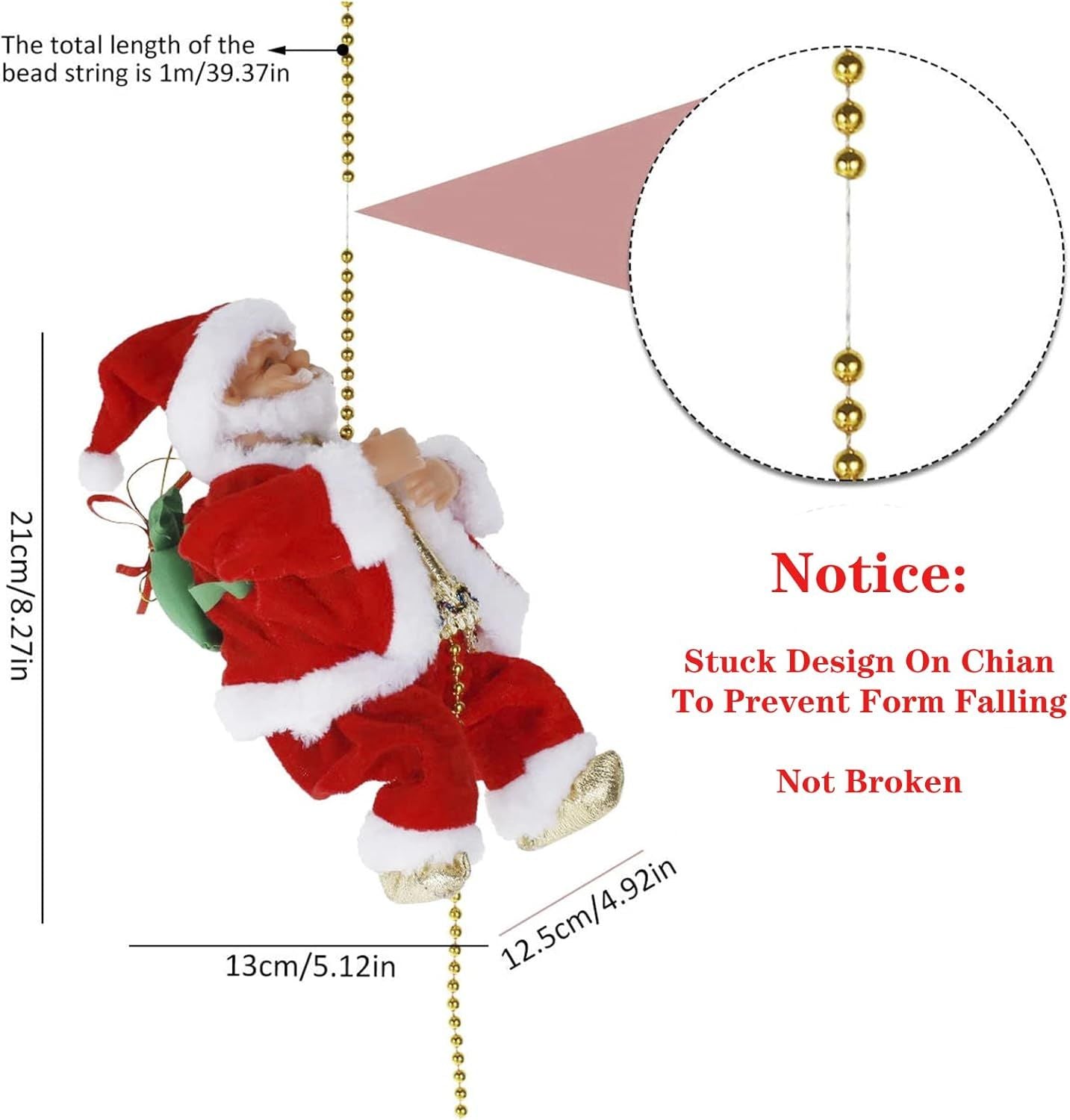 Christmas Electric Climbing Santa showing dimensions and safety feature.