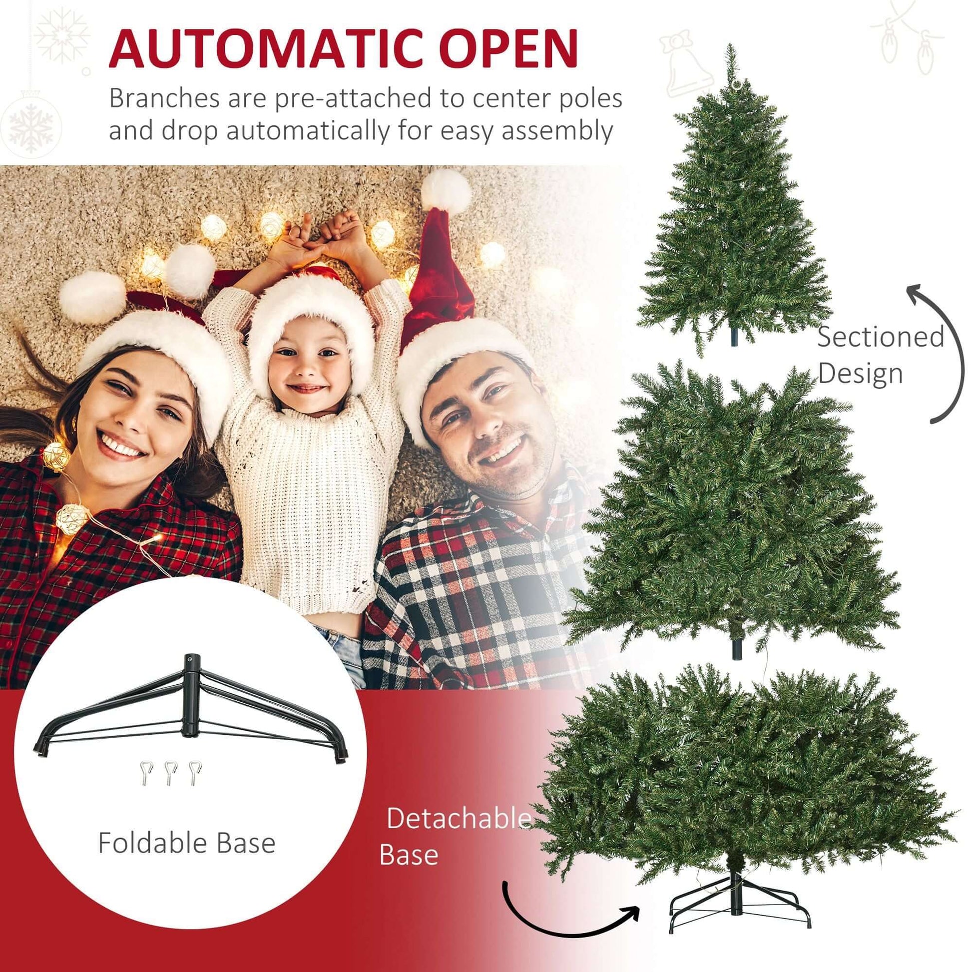 HOMCOM 7ft Pre Lit Douglas Fir Artificial Christmas Tree with automatic open feature and family enjoying the festive setup.