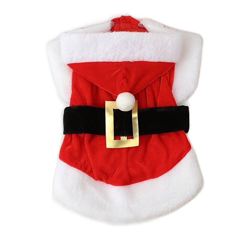 Christmas Santa Claus Dog Hoodie Winter Jacket in red with white fur trim and black belt for small and medium dogs.
