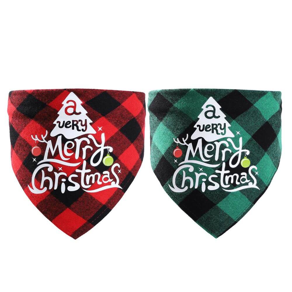 Christmas pet Dog Bandana and Collar Bow Tie set with plaid design, featuring Merry Christmas, Santa, and Snowman patterns.