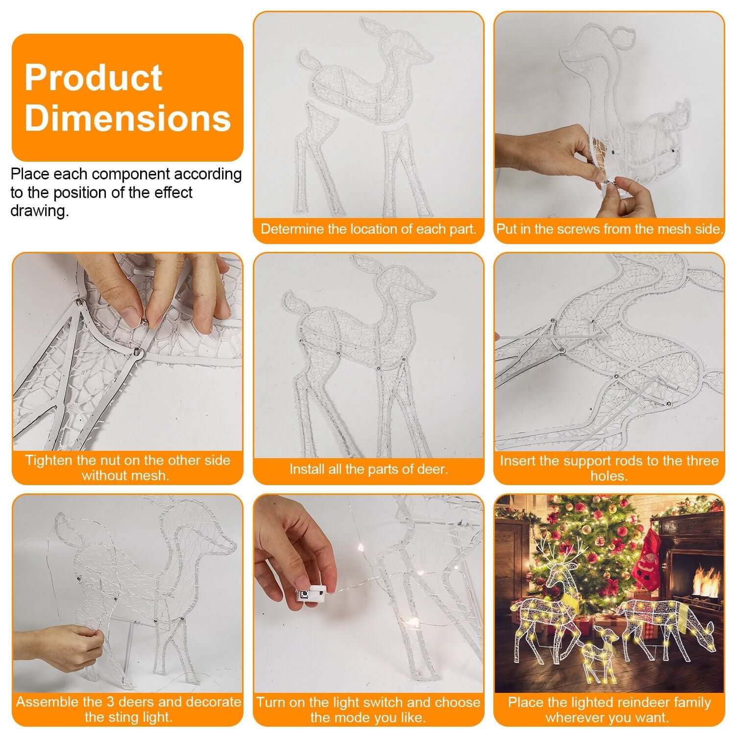 Assembly instructions and setup for Reindeer Family Lighted Christmas Deer Decoration - 3 Sets 2D with lighting options.