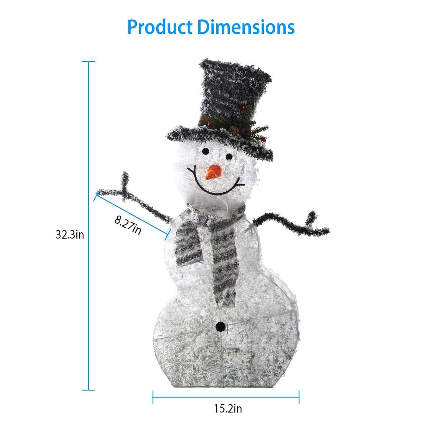LED Christmas Snowman Decoration Light Battery operated with product dimensions, featuring a glittery snowman with top hat and scarf.