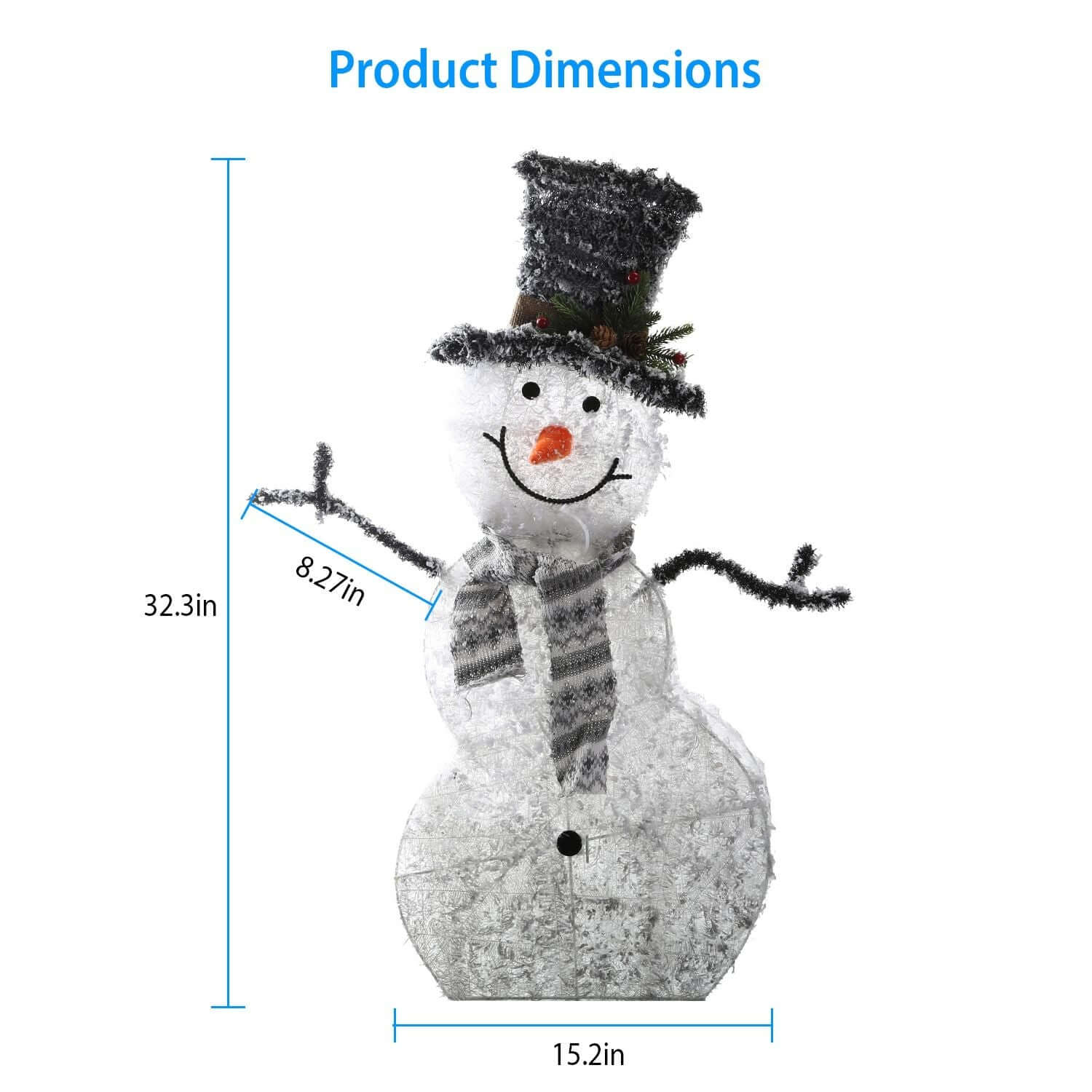 LED Christmas Snowman Decoration Light Battery operated with product dimensions, featuring a glittery snowman with top hat and scarf.
