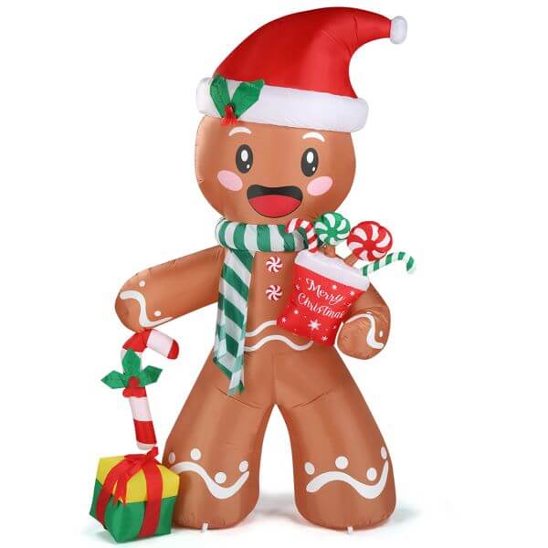 Christmas Inflatable Decoration - 7.9ft gingerbread man with LED lights holding gifts and candy canes, wearing a Santa hat and scarf.