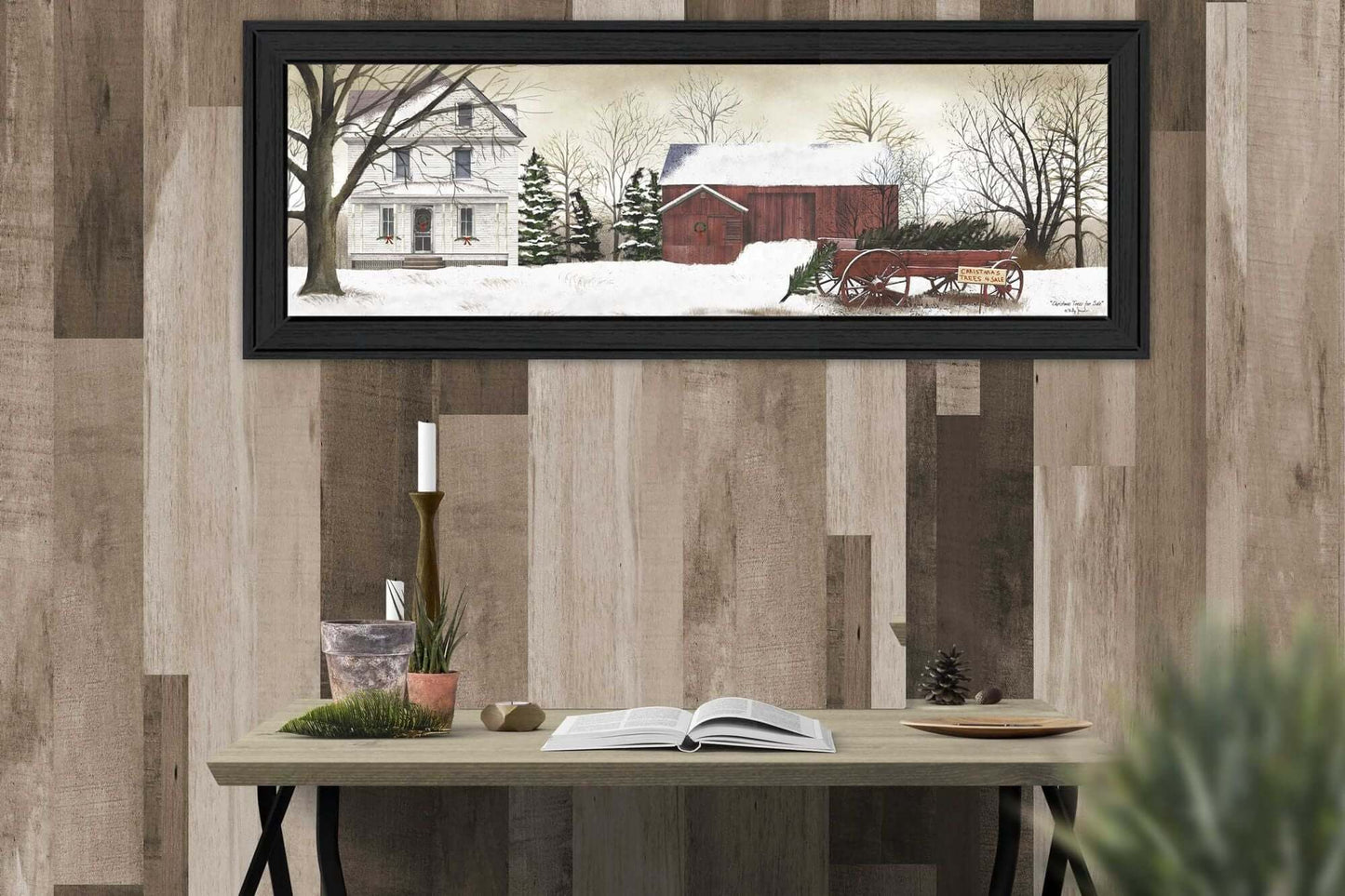Trendy Decor 4U Christmas Trees for Sale Wall Art by Billy Jacobs featuring a winter farm scene with wagon and trees, 39 inch x 15 inch print.