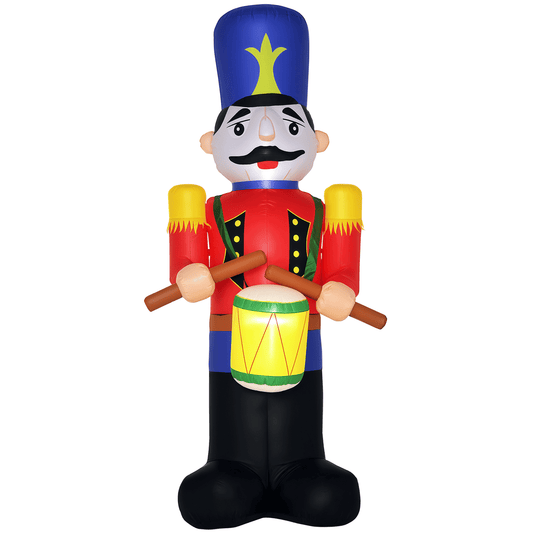 HOMCOM 8ft Christmas Inflatables Nutcracker with LED lights for outdoor holiday decoration showcasing a toy soldier with a drum.
