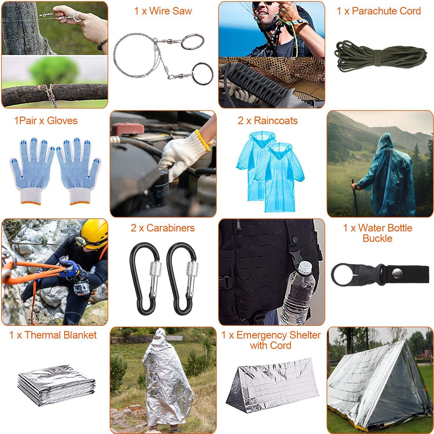 Alt Tag: Image of 125Pcs Survival Kits with items like wire saw, parachute cord, gloves, carabiners, thermal blanket, and raincoats for outdoor adventures.