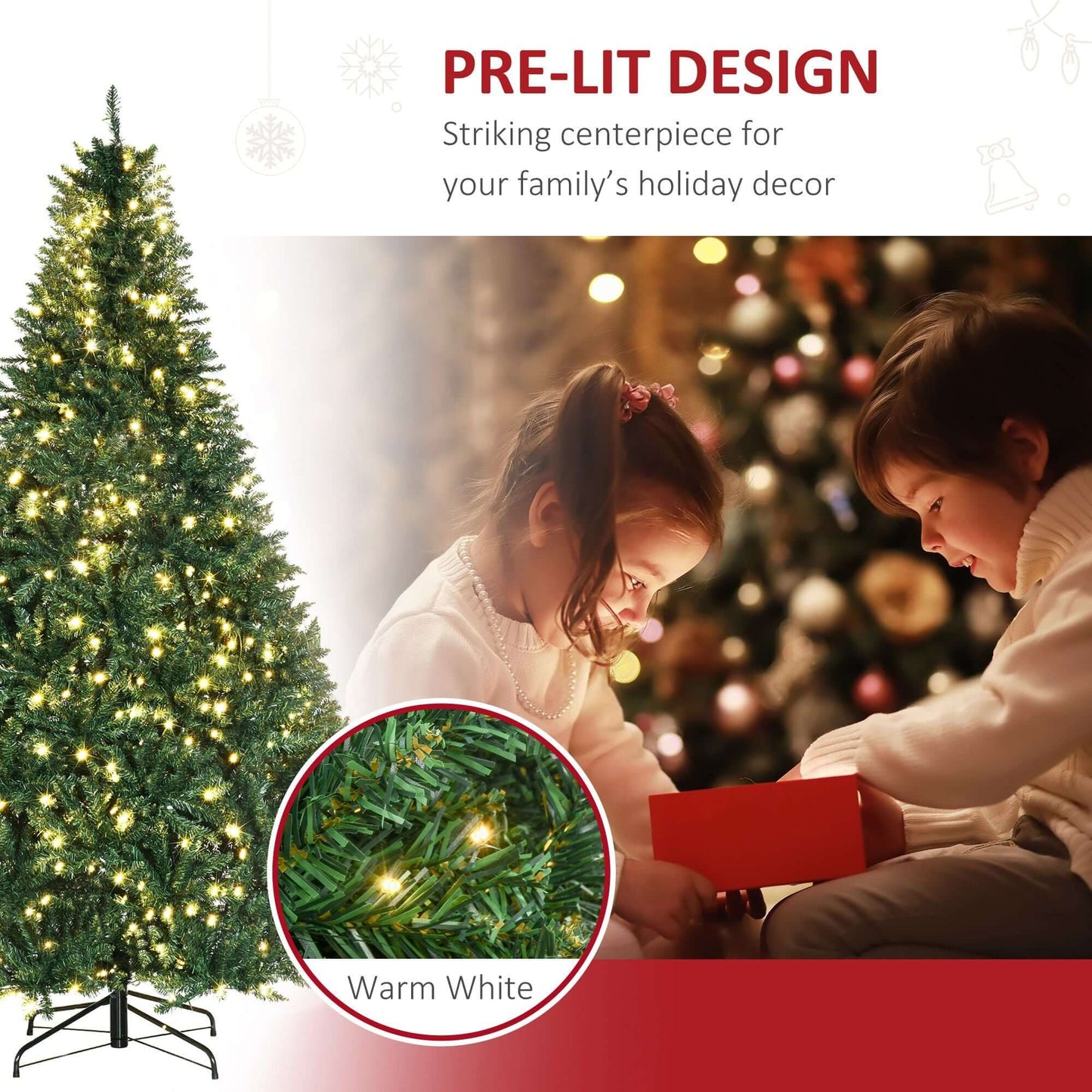 HOMCOM 7ft Pre Lit Douglas Fir Artificial Christmas Tree with warm white LED lights as holiday decor centerpiece.