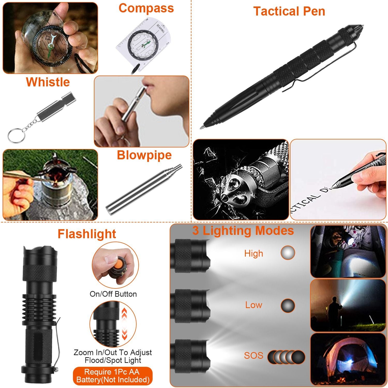 Close-up of survival gear tools including compass, tactical pen, flashlight, and more from the 125Pcs Survival Kit for outdoor adventures.