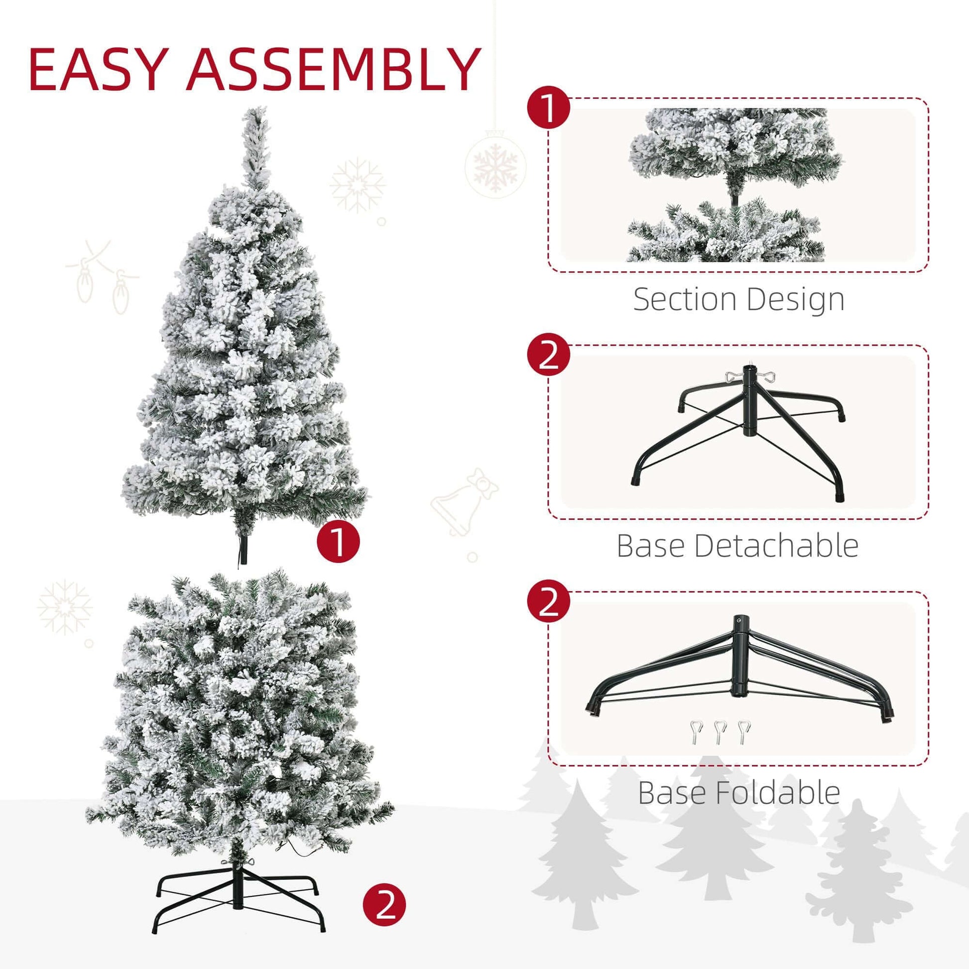 Easy assembly instructions for Pre-Lit Snow-Flocked Slim Douglas Fir Tree showcasing section design and detachable, foldable base.