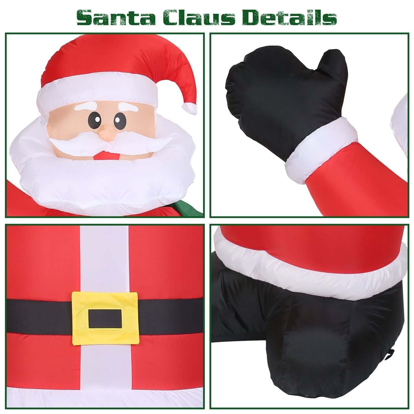 Details of 6.4ft Inflatable Christmas Giant Santa Claus with green gift bag, red suit, black gloves, and belt buckle.