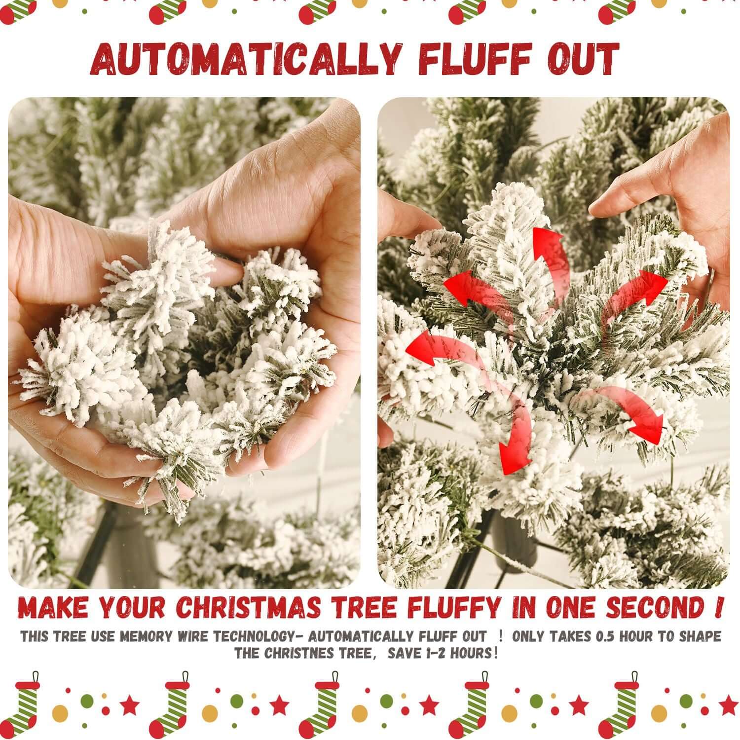 Hands fluffing Flocked Christmas Tree with Colorful Lights, showcasing automatic fluff technology for easy setup.