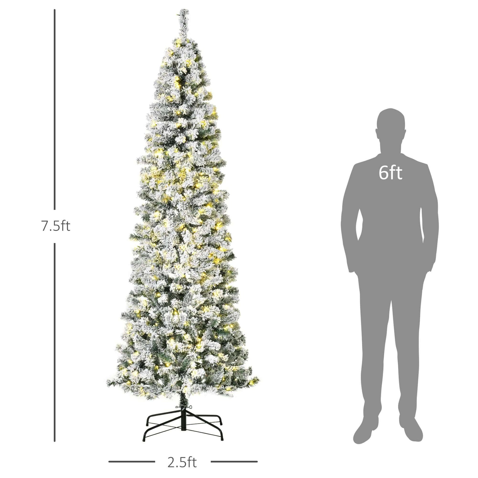 Pre-Lit Snow-Flocked Slim Douglas Fir Tree 7.5ft with 350 LED lights, comparing height to 6ft person, perfect for holiday decor.