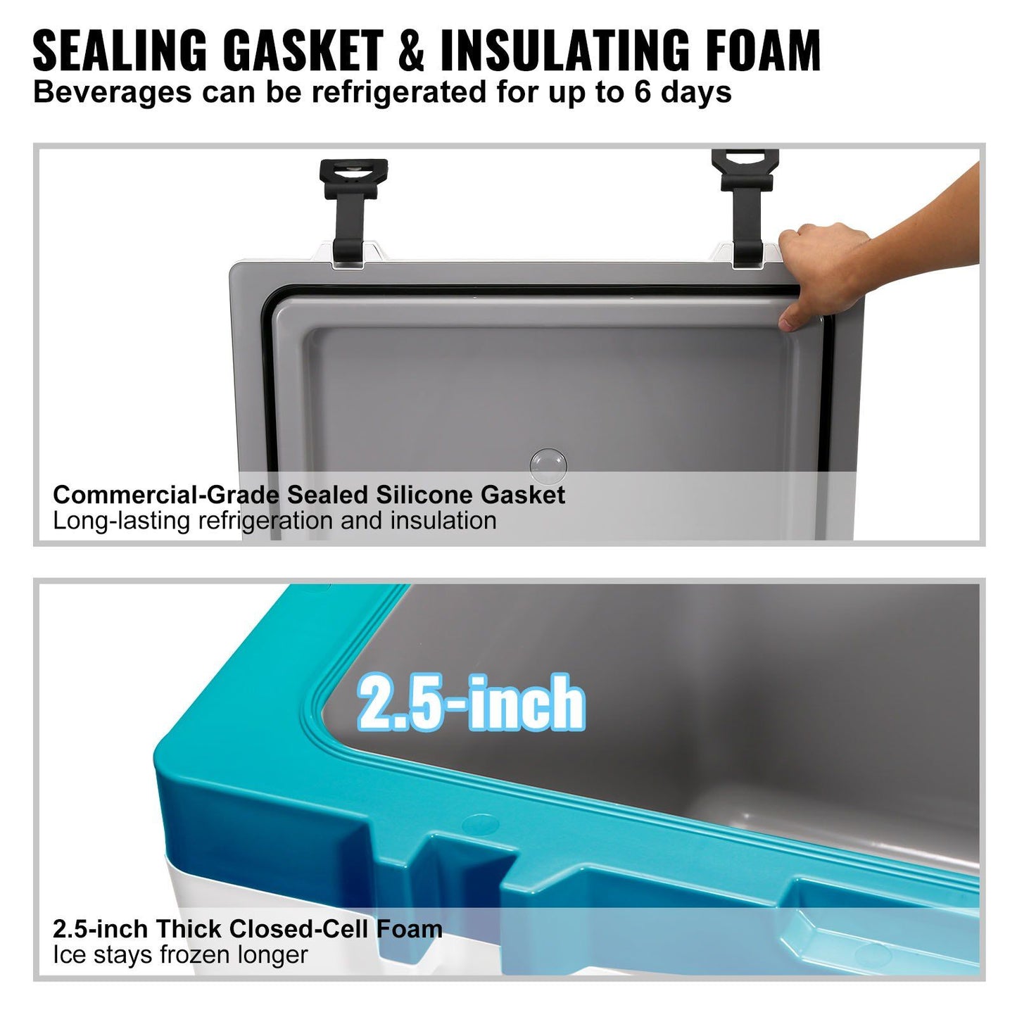 VEVOR Cooler with 6-day ice retention features sealing gasket and 2.5-inch insulating foam for superior cooling. Ideal for outdoors.