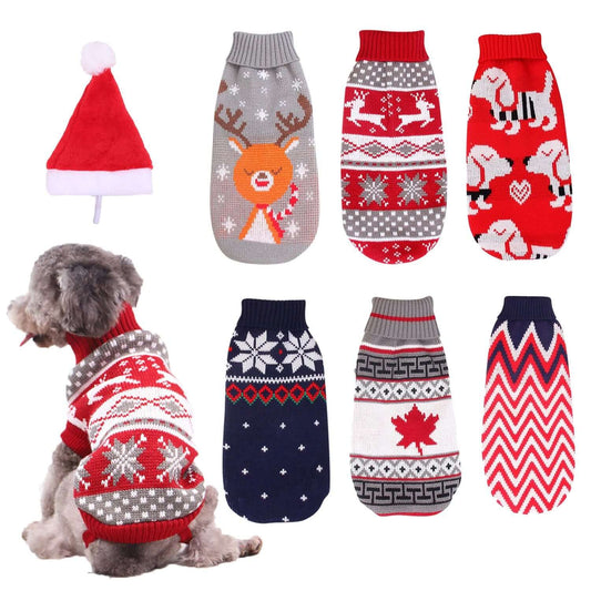 Christmas Reindeer Dog Sweater Winter Coat - Cute festive knitwear for pets with reindeer and snowflake patterns.
