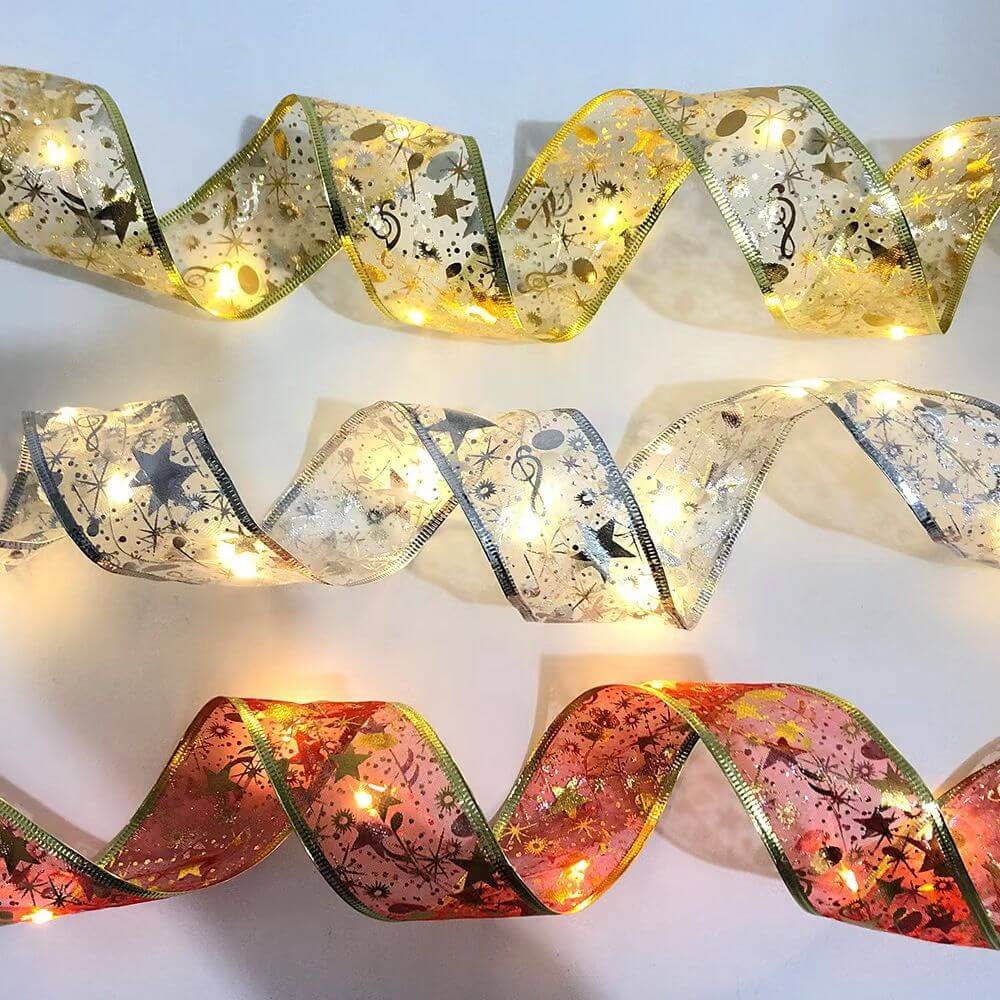 Christmas Glowing Ribbon Led Light String Bluetooth decorative ribbons in gold, silver, and red for festive tree decoration.