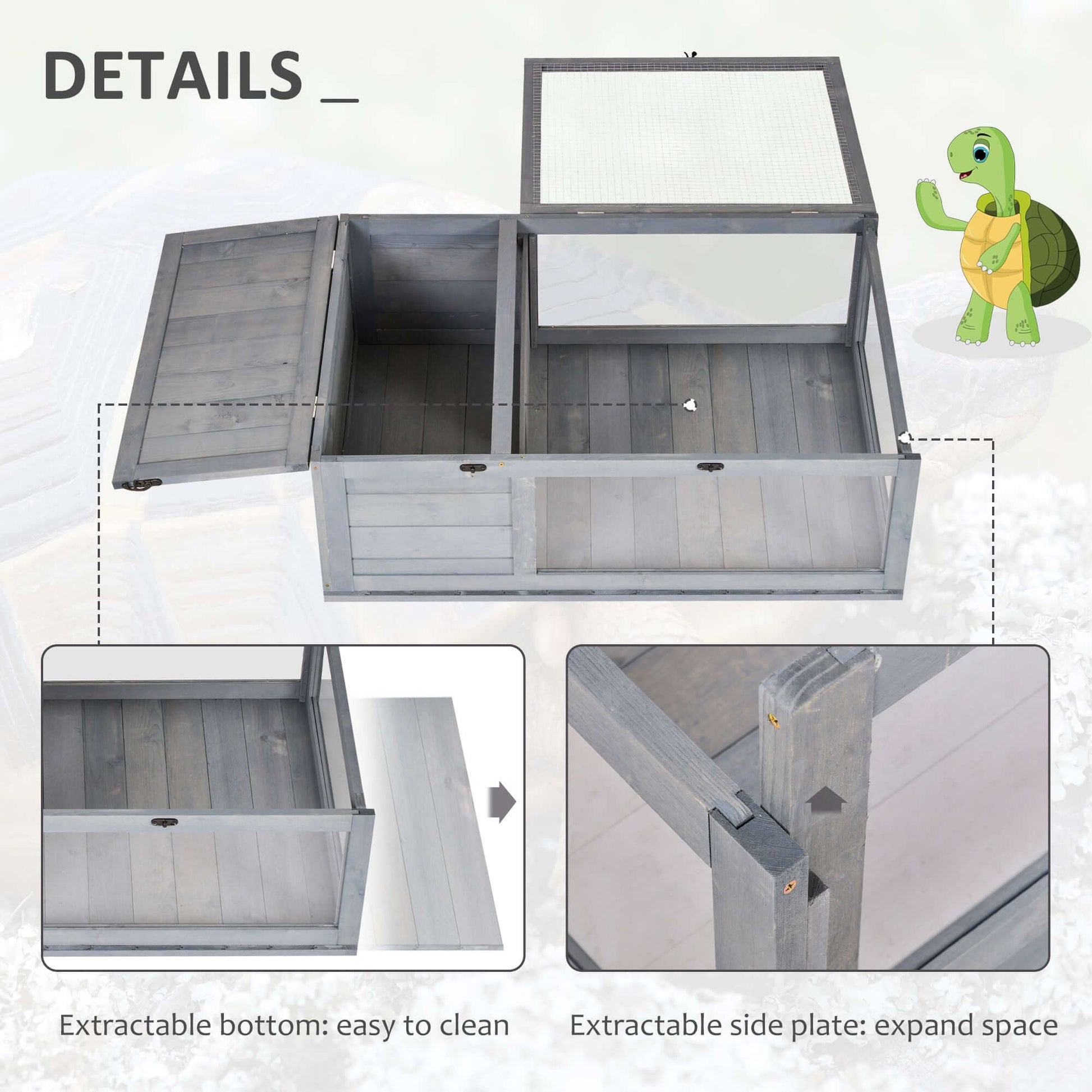PawHut Wooden Tortoise House Indoor Turtle Habitat Enclosure Outdoor Reptile Cage Gray with 2 room design and extractable bottom.