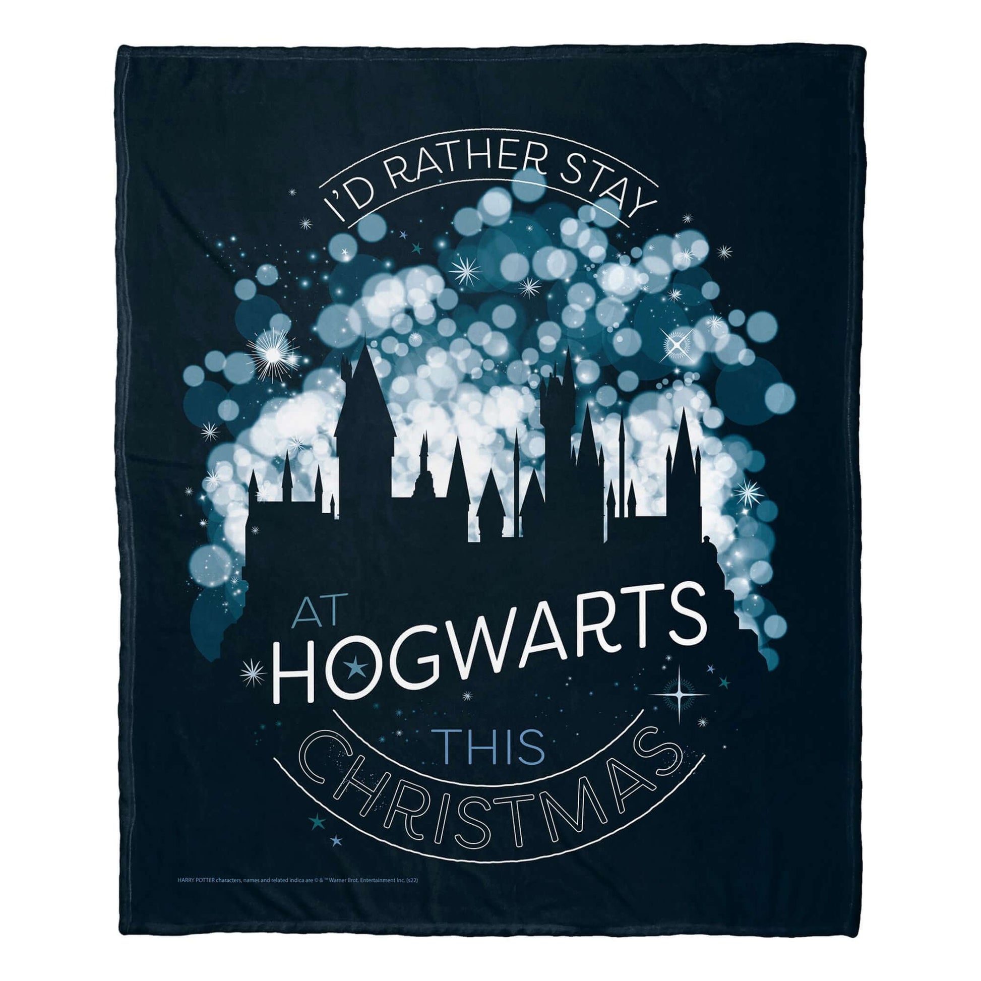 Harry Potter Hogwarts Christmas Throw Blanket with holiday design, featuring 'I'd Rather Stay at Hogwarts This Christmas' print.