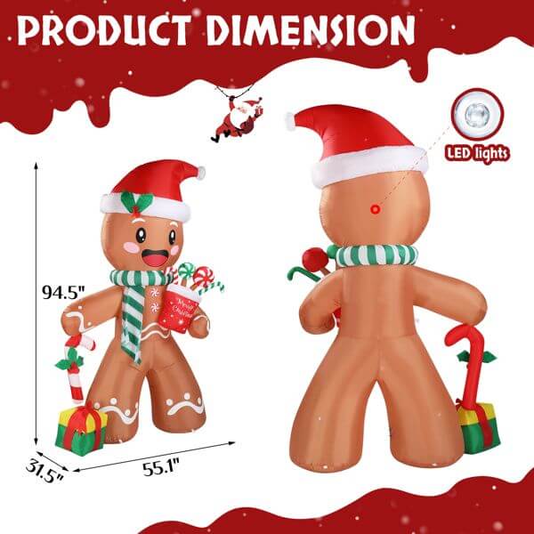 Christmas Inflatable Decoration - 7.9ft Gingerbread Man with LED lights and holiday gifts illustration.