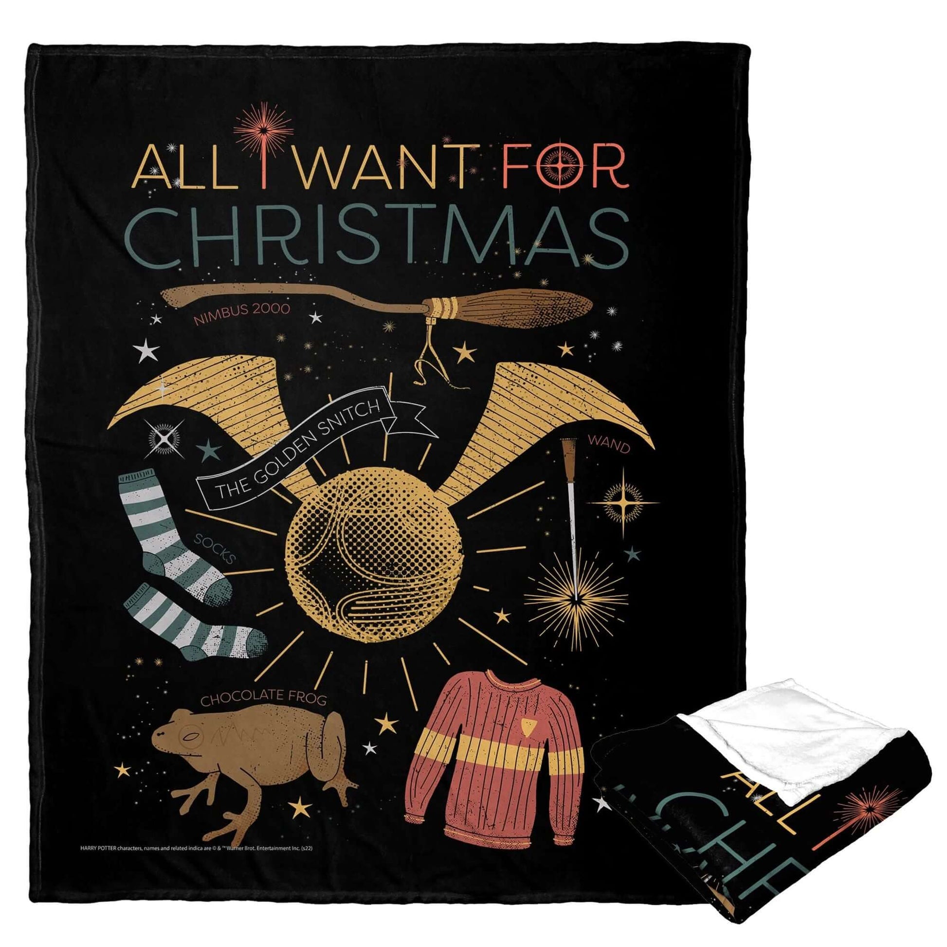 Harry Potter Silk Touch Throw Blanket with "All I Want for Christmas" design featuring Harry Potter themed items, 50x60 inch size.