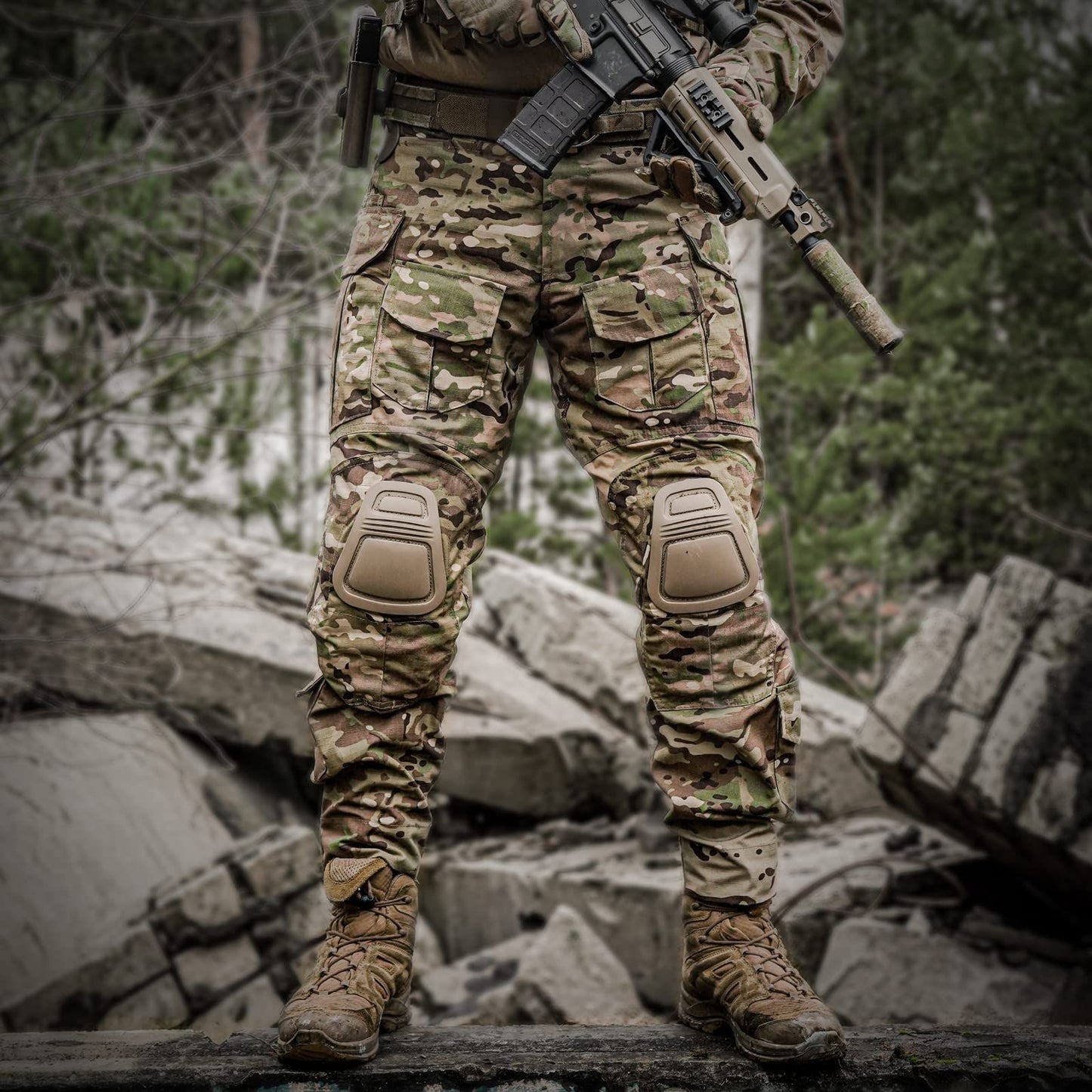 VOTAGOO G3 Combat Pants with Knee Pads in Multicam, sturdy rip-stop airsoft gear for tactical and hunting use.