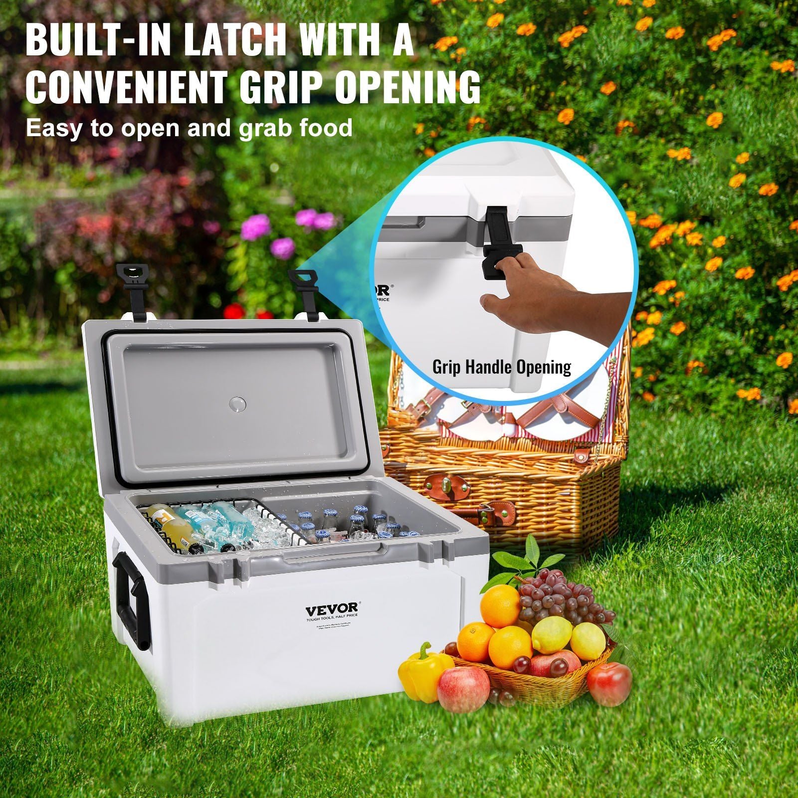 VEVOR 52 qt Insulated Portable Cooler with built-in latch and grip handle, ideal for camping, beach, picnic, and travel.