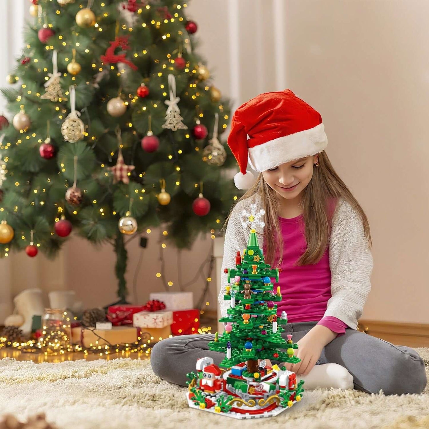Child enjoying Christmas Tree Building Set Countdown Calendar with LED lights and ornaments.