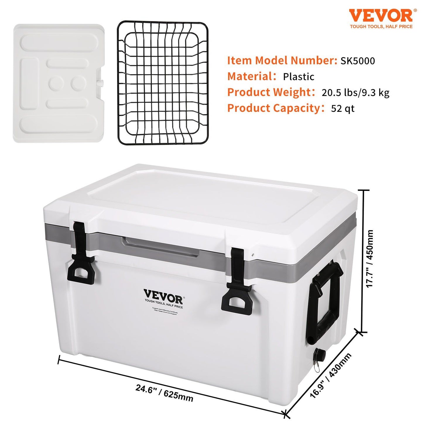 VEVOR Insulated Portable Cooler 52 qt, lightweight hard PP design, holds 50 cans, ice chest for camping, beach, travel, outdoor use