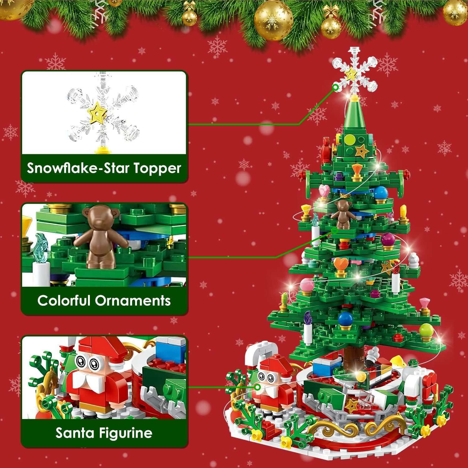 Christmas Tree Building Set Countdown Calendar with LED lights, Santa, ornaments, snowflake topper - holiday toy for kids 3-6.