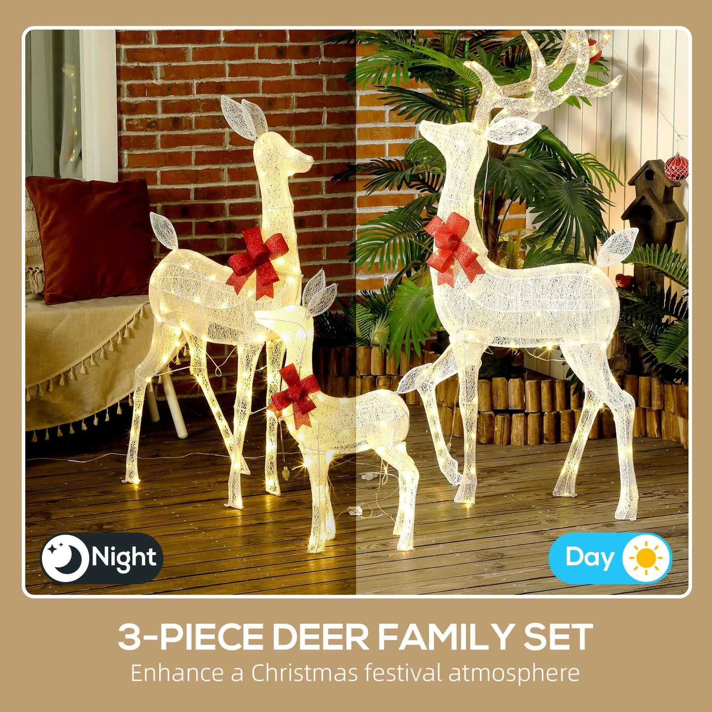 Christmas Deer Decorations - 4.5ft Light Up Reindeer Family Set with antlers and red bows for festive outdoor decor