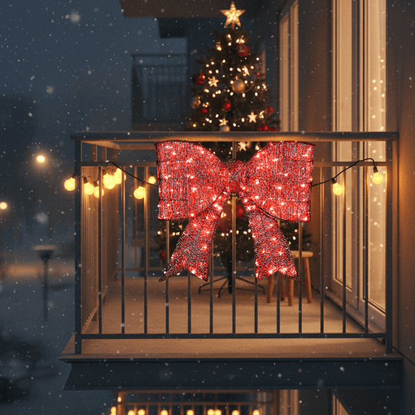Pre Lit Outdoor Giant Bowknot Christmas Decoration with 124 LED lights on a snowy balcony, creating a festive holiday ambiance.