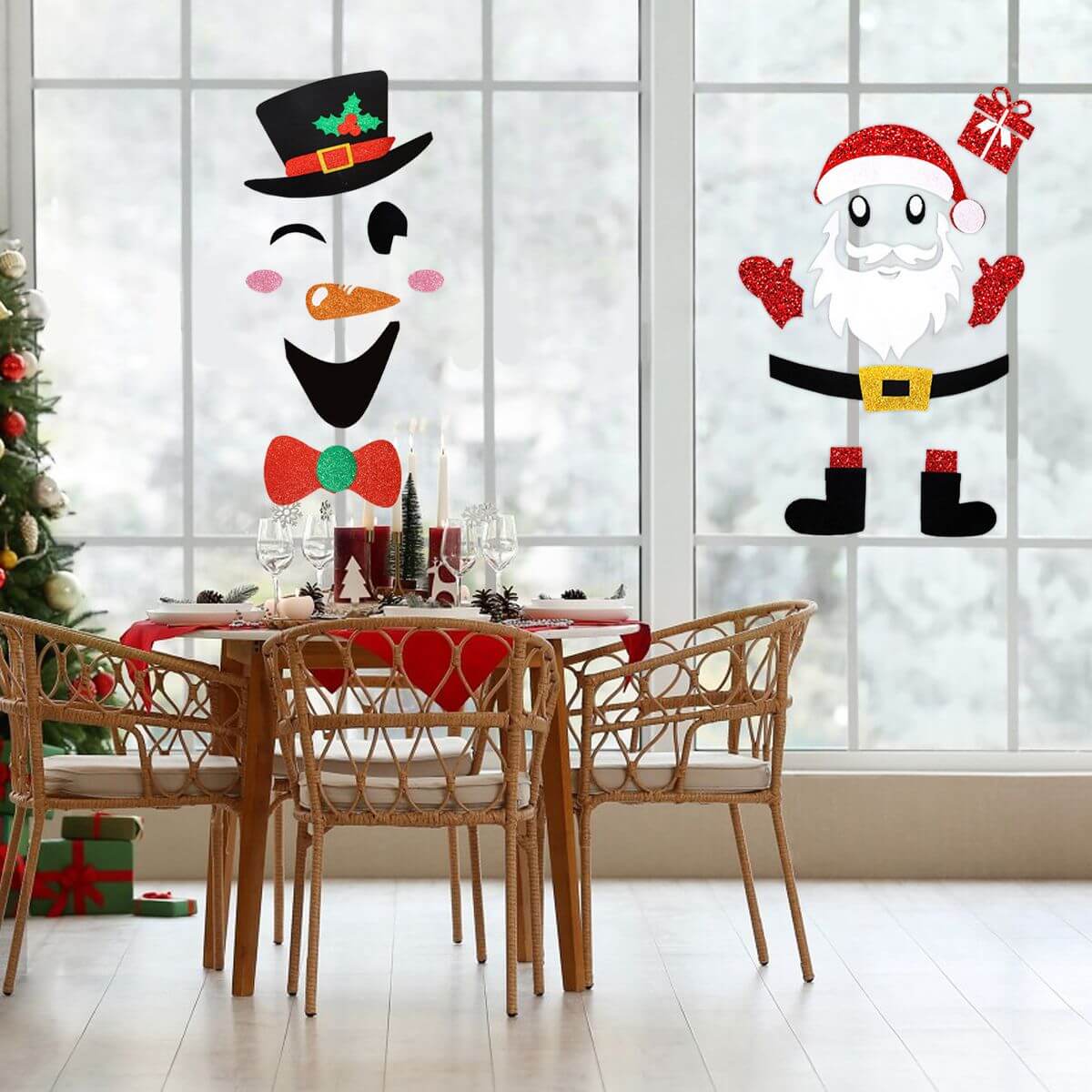 Festive Christmas Door Stickers featuring Santa Claus and Snowman felt decals on a home window for holiday decor.