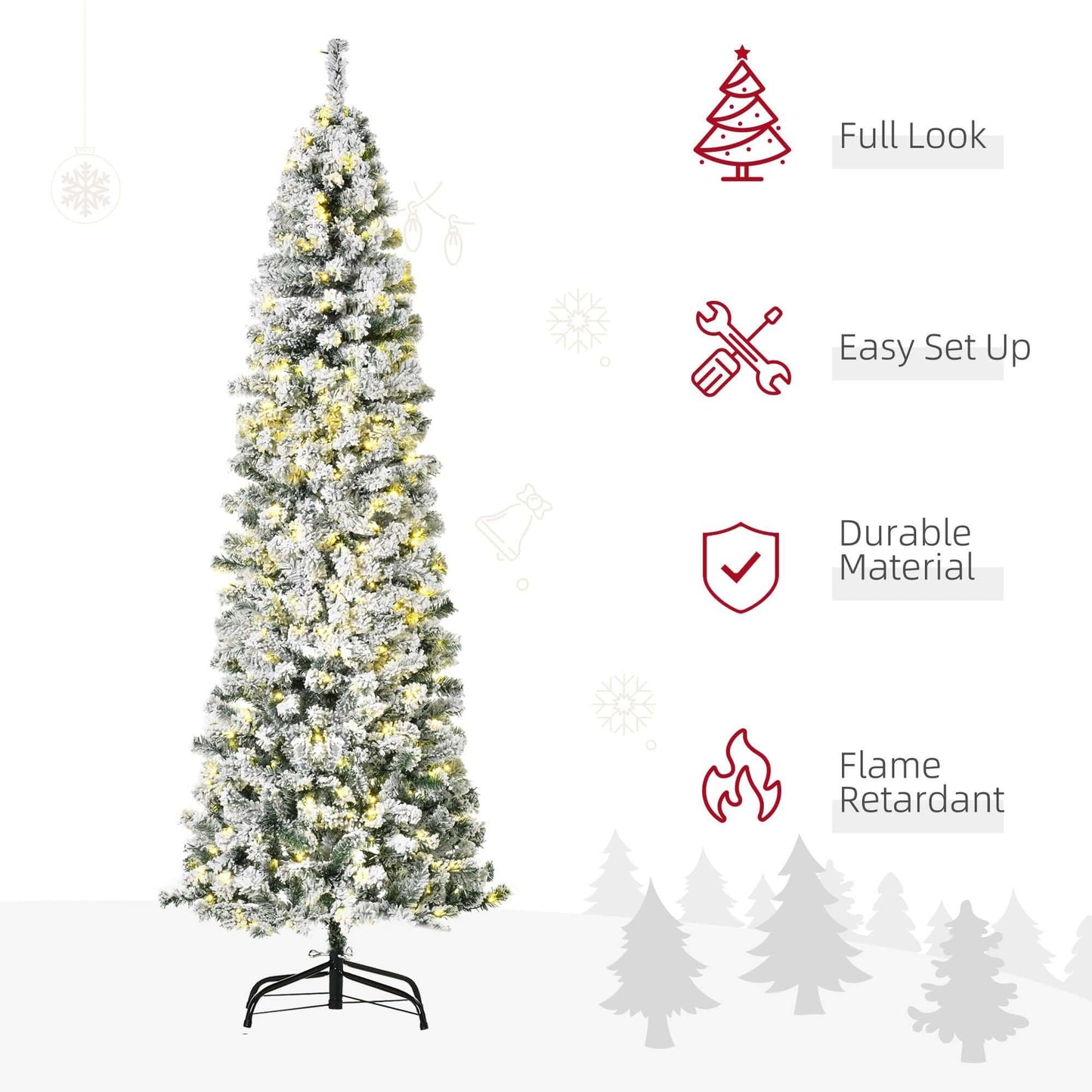 Full view of a 7.5ft Pre-Lit Snow-Flocked Slim Douglas Fir Tree with 350 LED lights, showcasing easy setup, durable material, and flame retardance.
