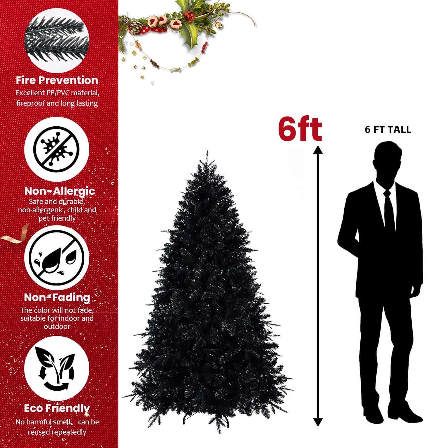 Black Christmas Tree with White LED Lights, 5ft, fireproof, eco-friendly, non-allergic holiday decor next to 6ft silhouette