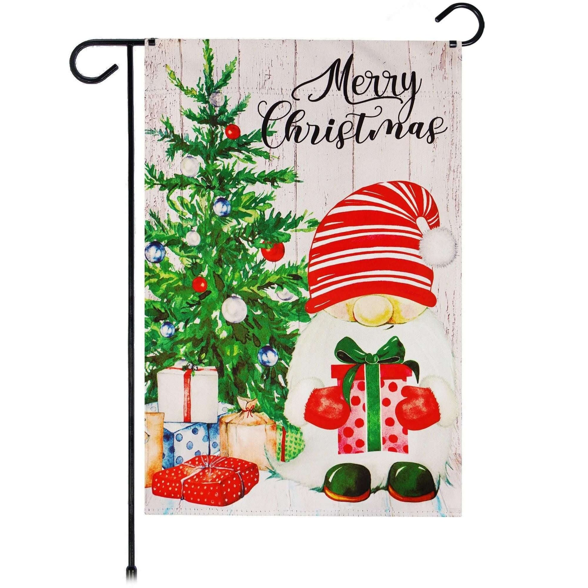 Christmas Garden Flag with Santa Gnome and Presents, Double-Sided 12x18 Inch Outdoor Decoration, Festive Holiday Cheer