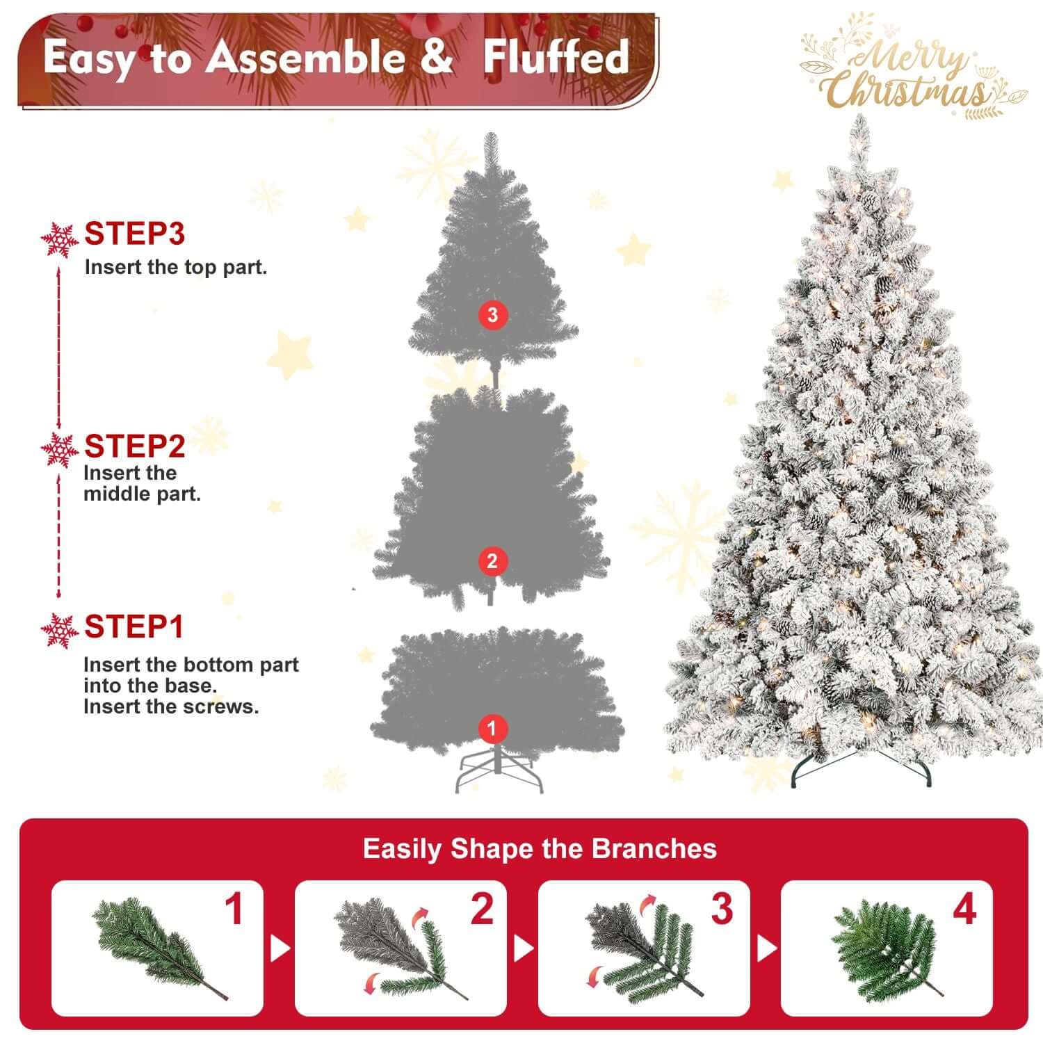 Assembly guide for the 7ft Flocked Christmas Tree with Lights, showcasing easy assembly steps and branch shaping tips for a stunning display.