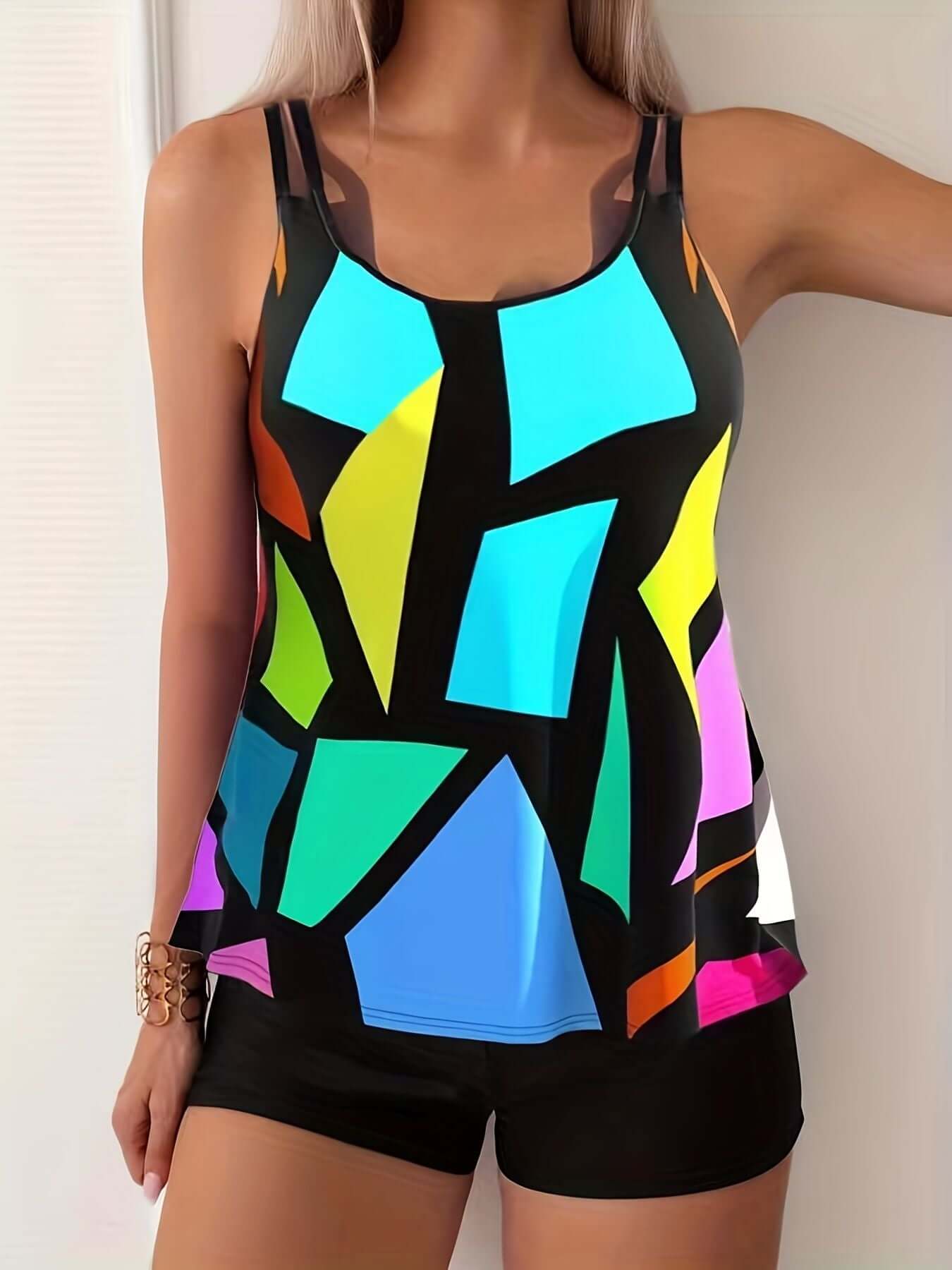 Women's geometric pattern multicolored tankini, round neck, boxer short bottom, from The Tabby Spot.