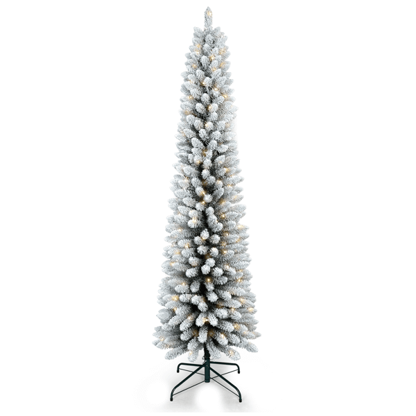 5ft Flocked Pencil Christmas Tree with 263 Tips and warm white lights for holiday decor