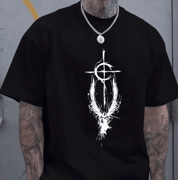 Men's retro round neck T-shirt with bold black print, short sleeves, made of polyester and spandex, perfect for leisure outings.