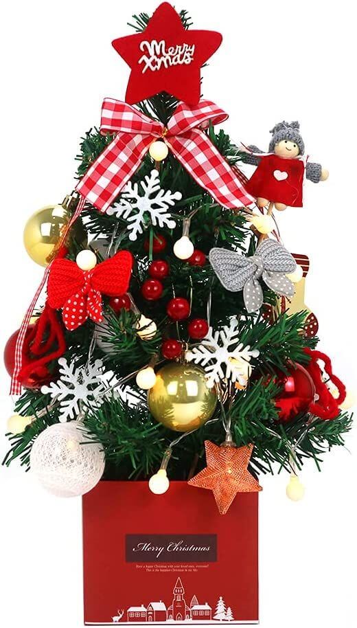 Colorful Desktop Christmas Tree with ornaments and star topper, ideal artificial mini decoration for table or desk.