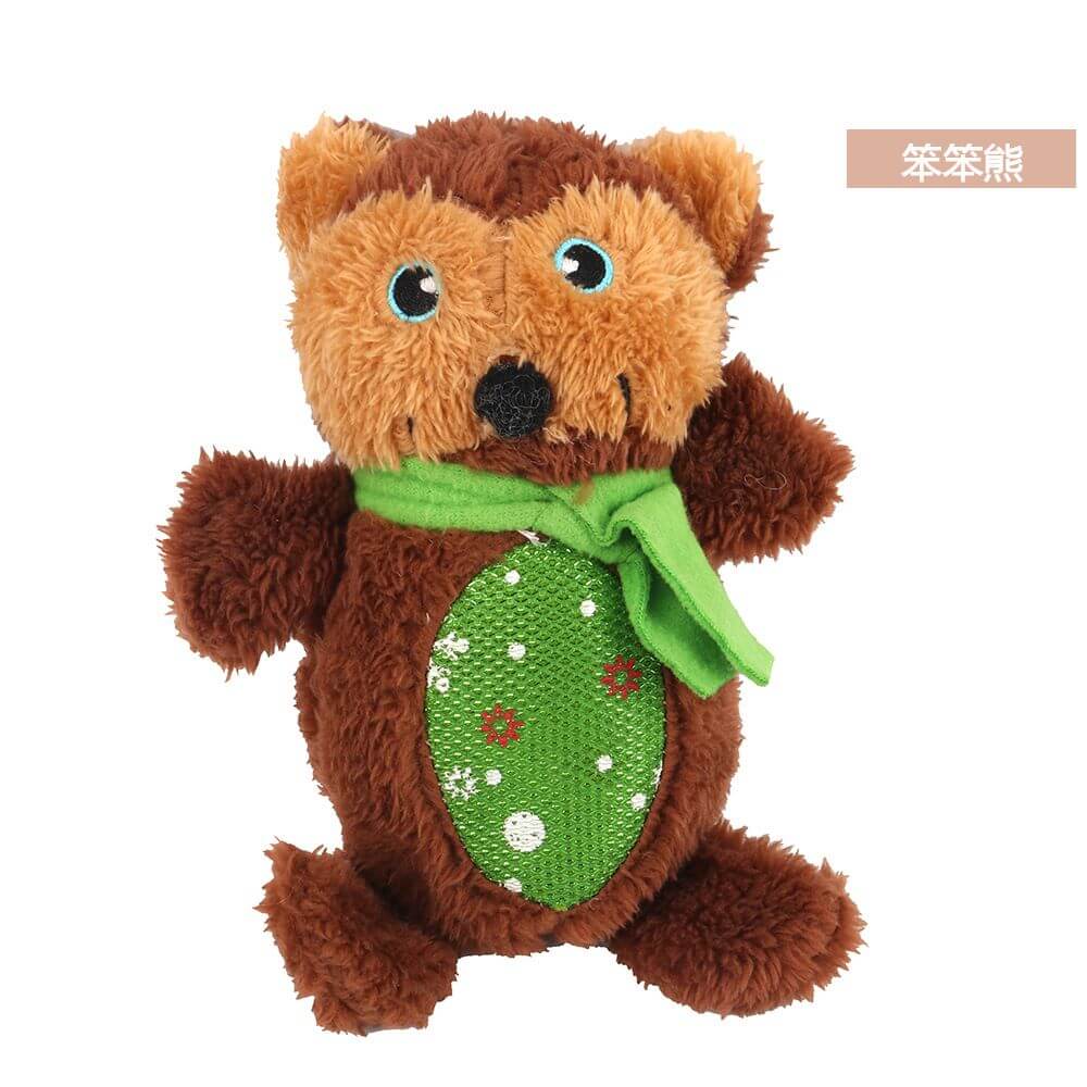 Christmas pet chew toy Pet plush voice toy - Brown bear with green scarf, holiday-themed dog toy for chewing and playtime.