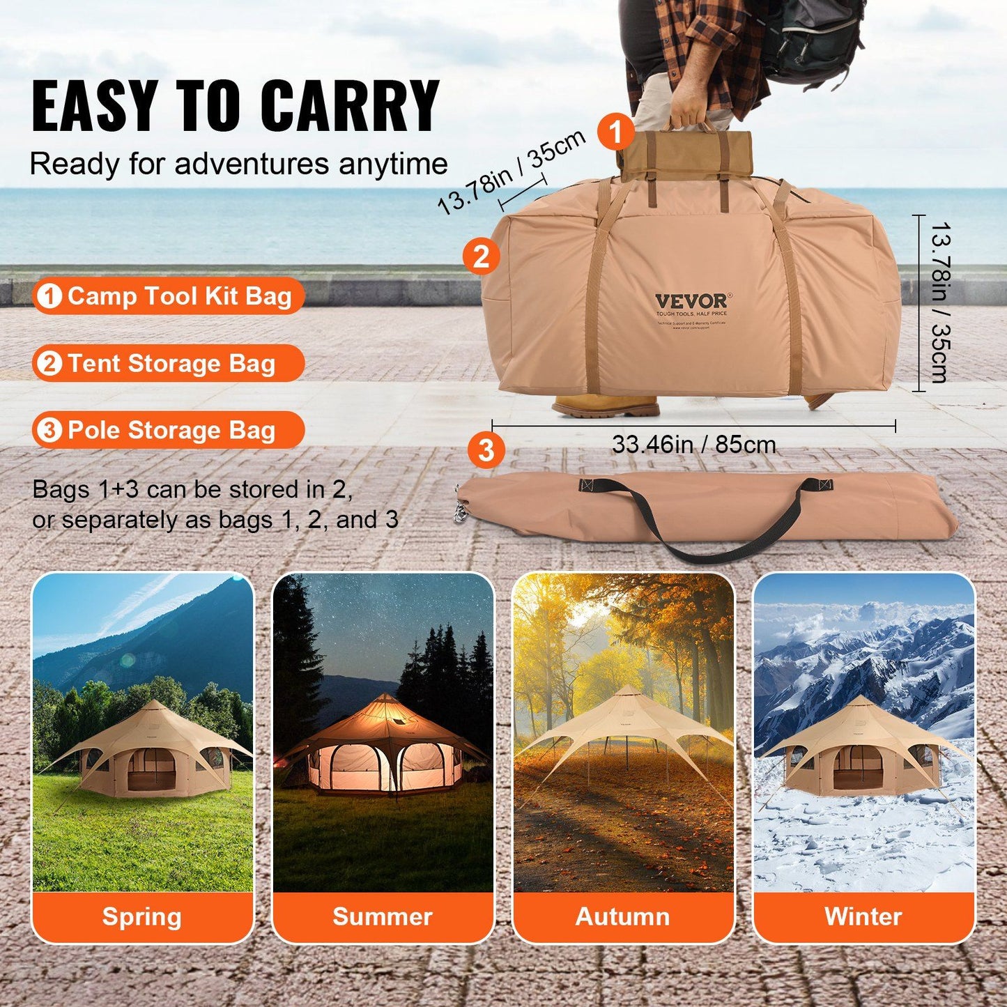 VEVOR Canvas Tent storage bags with easy-carry features for all seasons: spring, summer, autumn, and winter camping adventures.