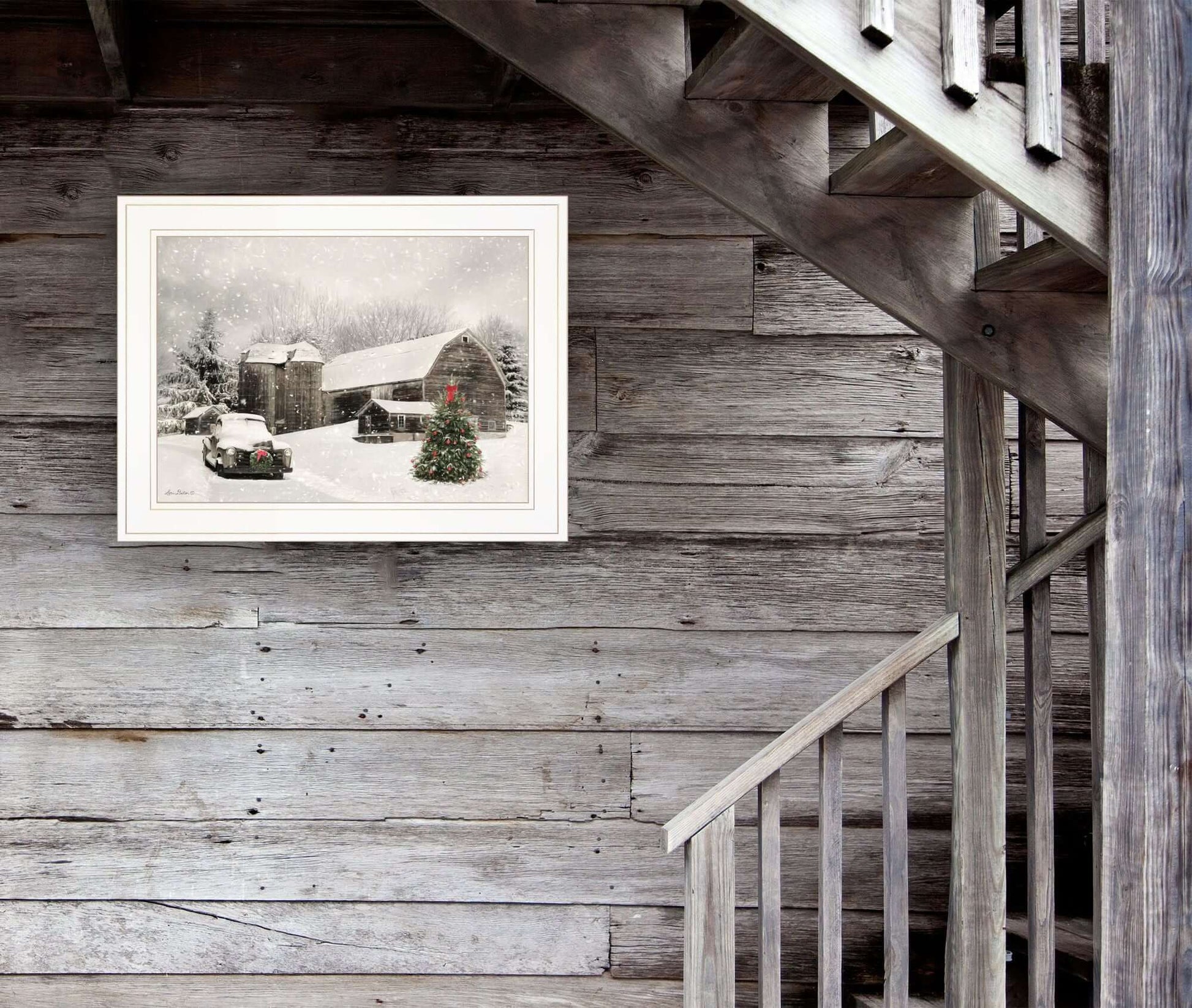 Trendy Decor 4U Farmhouse Christmas Framed Wall Art by Lori Deiter displayed on rustic wooden wall.