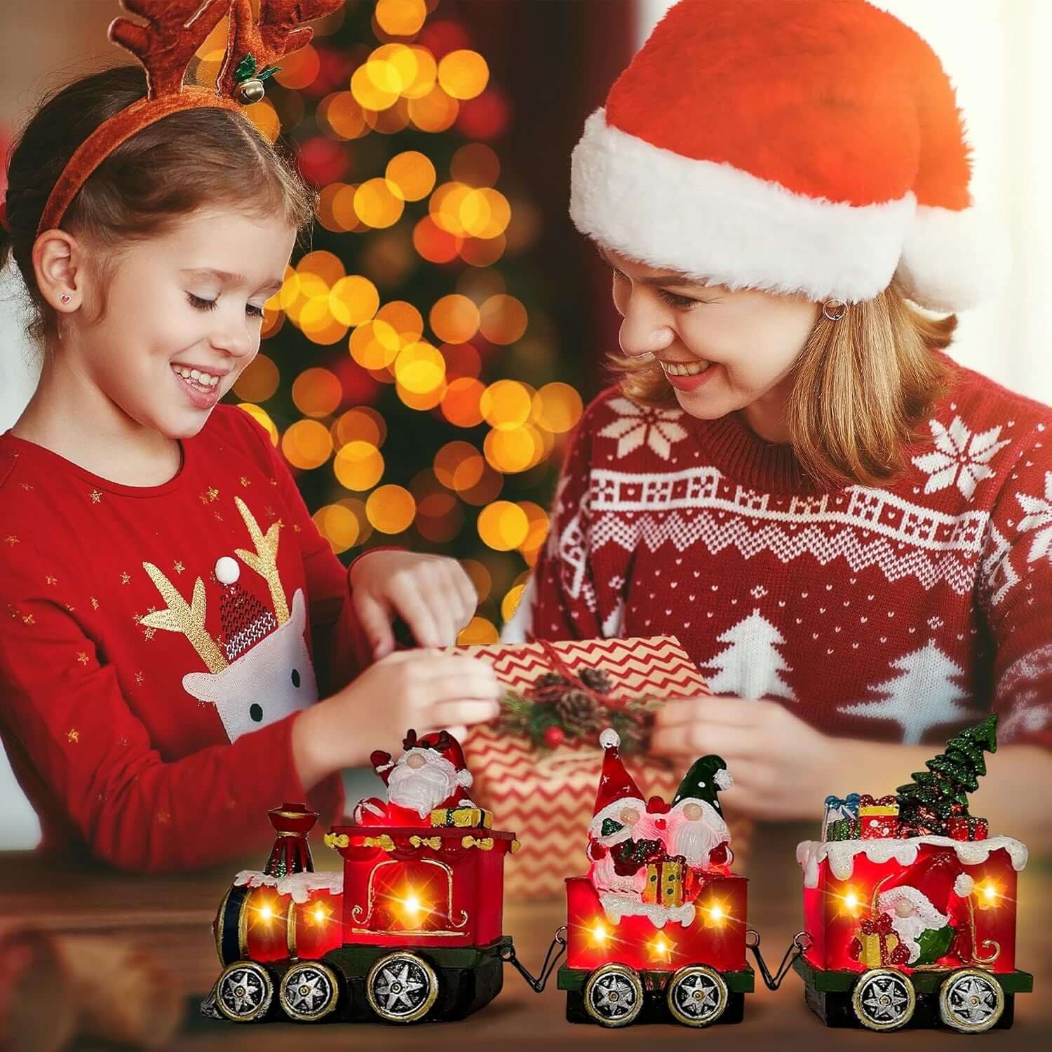 Christmas Gnome Decorations Centerpieces light-up train set with gnome figurines, perfect for festive holiday table décor.