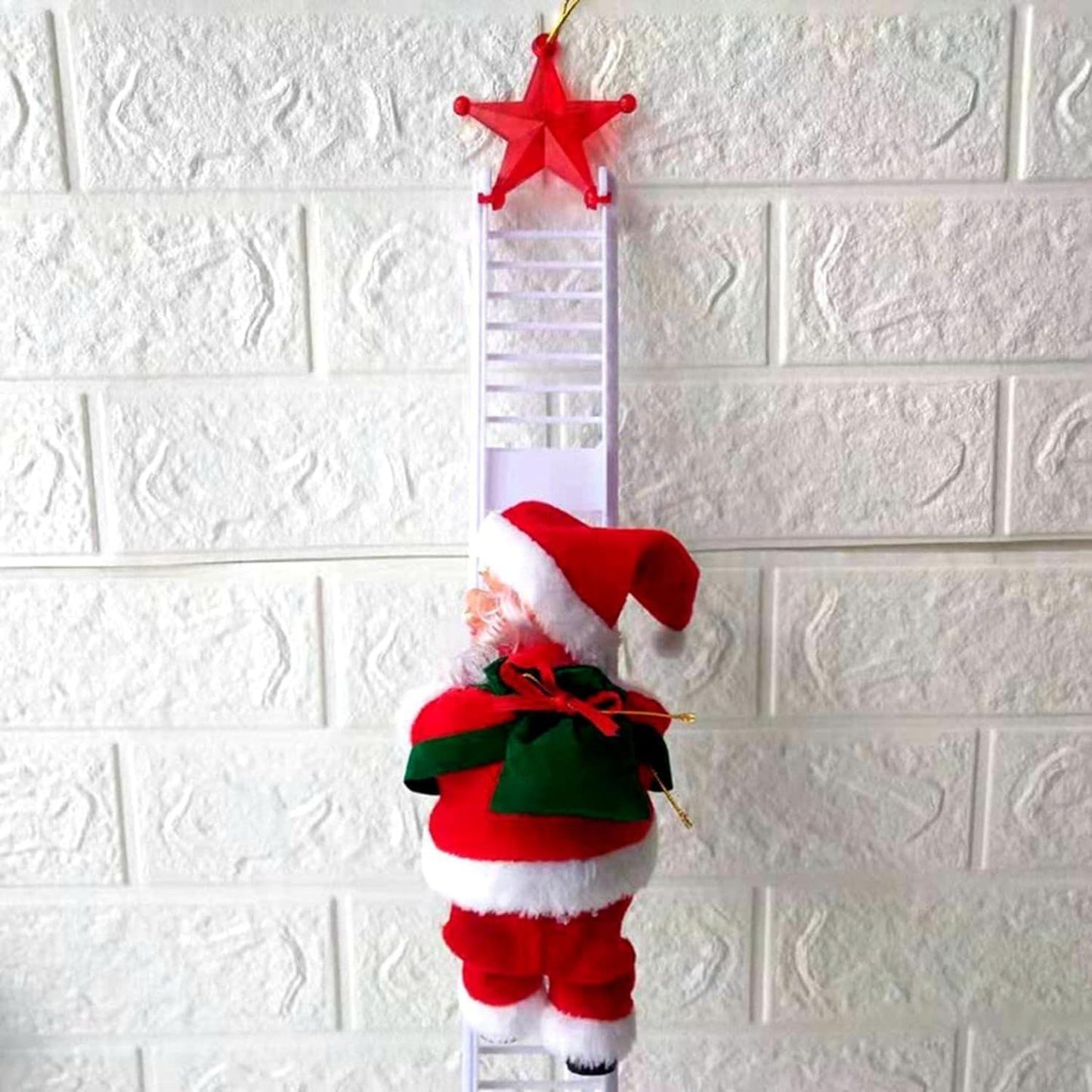 Christmas Electric Climbing Santa with LED Lights and Music on Ladder, perfect for holiday decorations and tree ornaments.